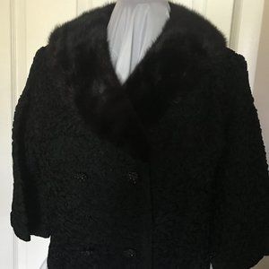 BLACK JACKET WITH MINK COLLAR, CUSTOM MADE VINTAGE  FITS SIZE 6-8